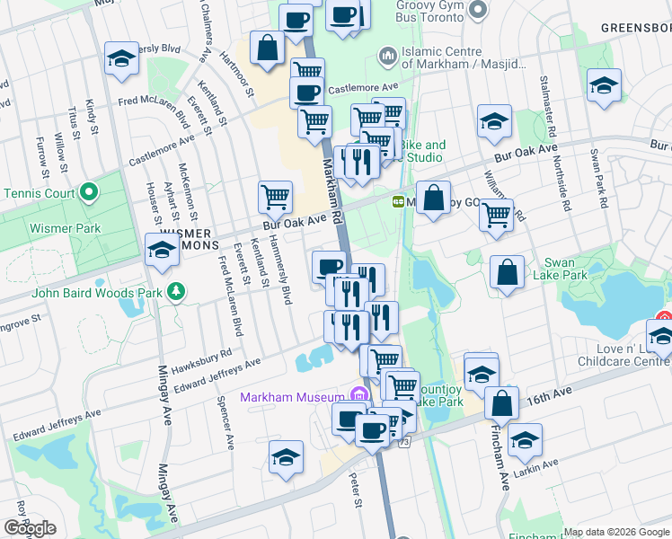 map of restaurants, bars, coffee shops, grocery stores, and more near 9560 Markham Road in Markham