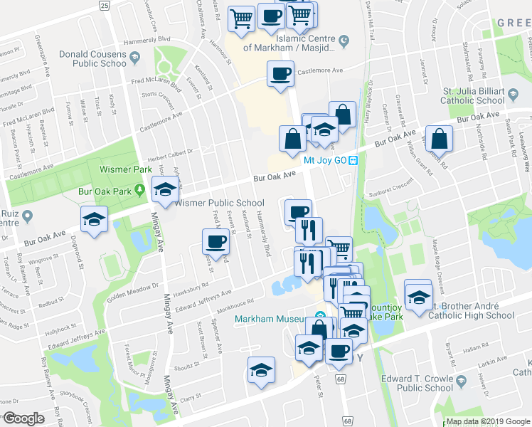 map of restaurants, bars, coffee shops, grocery stores, and more near 53 Hammersly Boulevard in Markham
