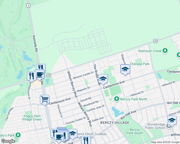 map of restaurants, bars, coffee shops, grocery stores, and more near 136 Winston Castle Drive in Markham