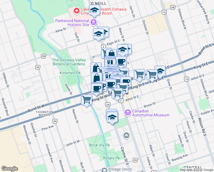 map of restaurants, bars, coffee shops, grocery stores, and more near 44 Bond Street West in Oshawa