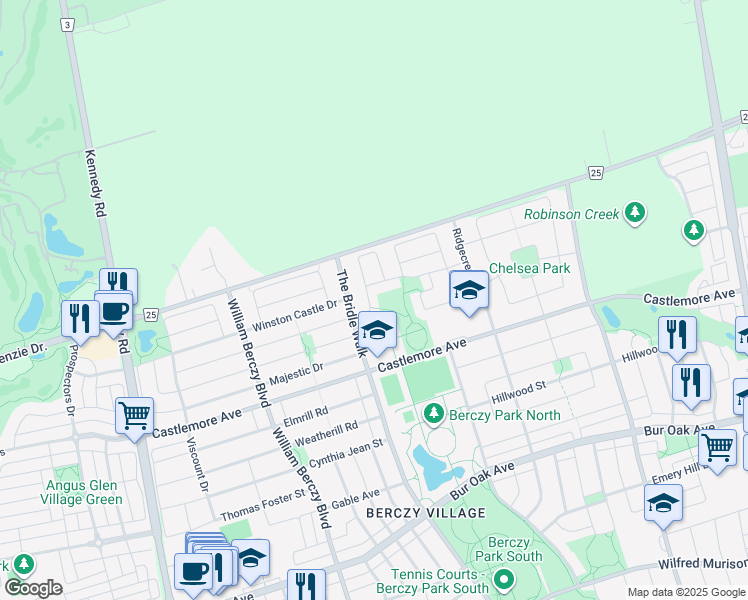 map of restaurants, bars, coffee shops, grocery stores, and more near 15 Sarum Crescent in Markham