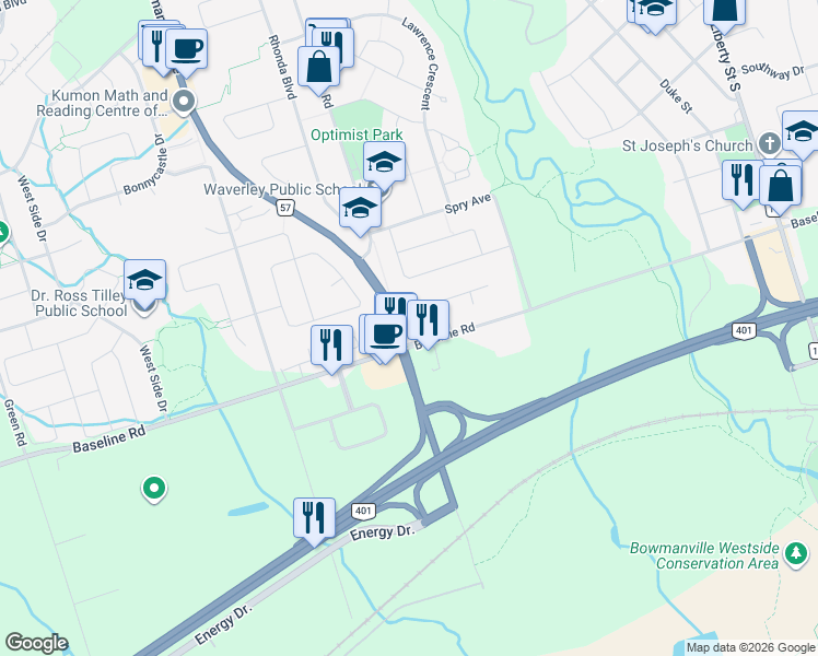 map of restaurants, bars, coffee shops, grocery stores, and more near 92 John Scott Court in Bowmanville