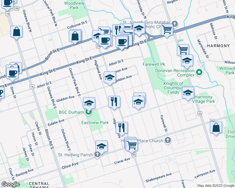 map of restaurants, bars, coffee shops, grocery stores, and more near in Oshawa
