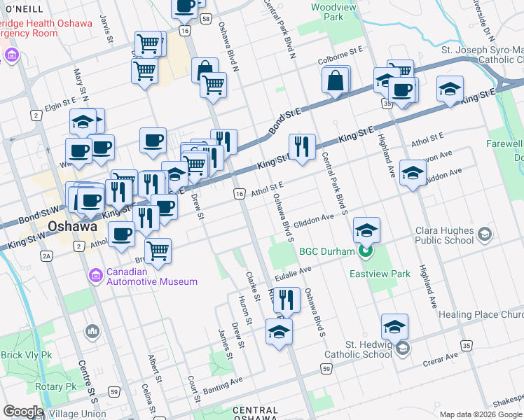 map of restaurants, bars, coffee shops, grocery stores, and more near in Oshawa