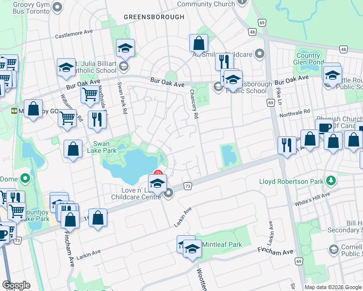 map of restaurants, bars, coffee shops, grocery stores, and more near 50 The Boardwalk Way in Markham
