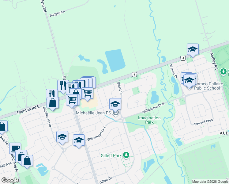 map of restaurants, bars, coffee shops, grocery stores, and more near 76 Booker Drive in Ajax