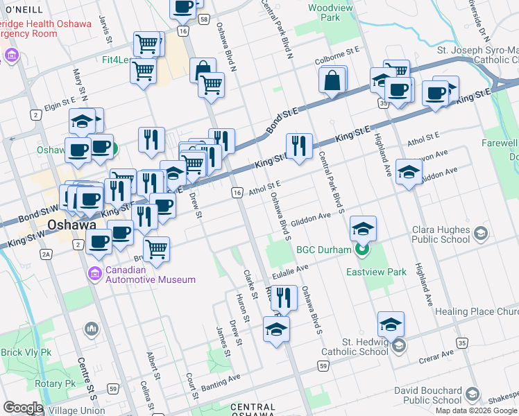 map of restaurants, bars, coffee shops, grocery stores, and more near 295 Arthur Street in Oshawa