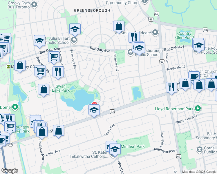 map of restaurants, bars, coffee shops, grocery stores, and more near 50 The Boardwalk Way in Markham
