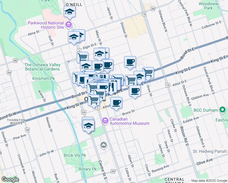map of restaurants, bars, coffee shops, grocery stores, and more near 7434 Mary Street North in Oshawa