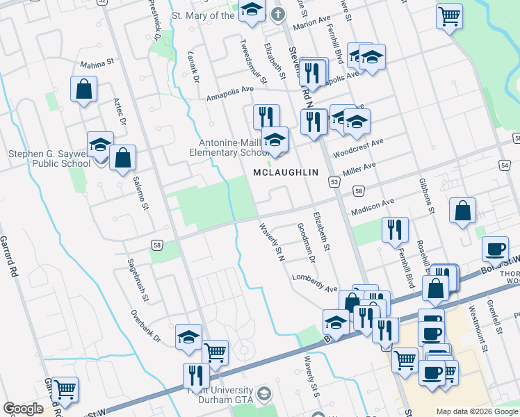 map of restaurants, bars, coffee shops, grocery stores, and more near 217 Waverly Street North in Oshawa