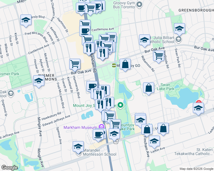 map of restaurants, bars, coffee shops, grocery stores, and more near 9441 Markham Road in Markham