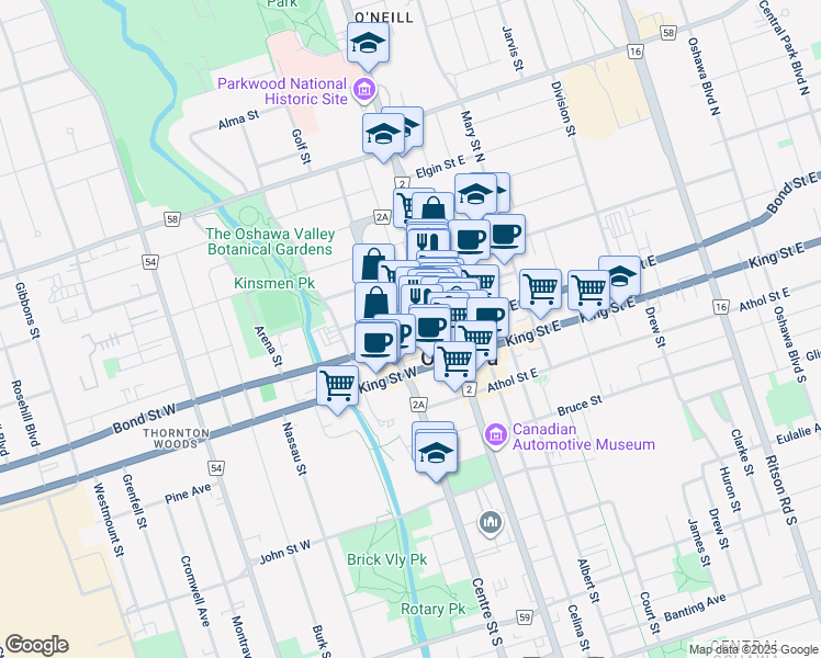 map of restaurants, bars, coffee shops, grocery stores, and more near 44 Bond Street West in Oshawa