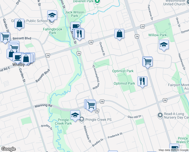 map of restaurants, bars, coffee shops, grocery stores, and more near 34 William Stephenson Drive in Whitby