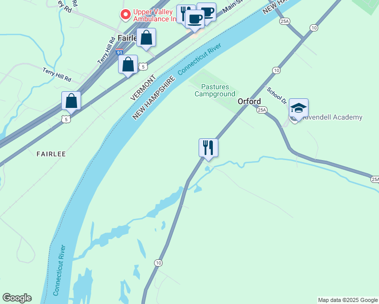 map of restaurants, bars, coffee shops, grocery stores, and more near 54 Sawyer Brook Road in Orford