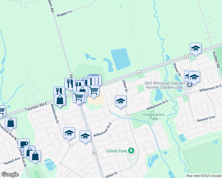 map of restaurants, bars, coffee shops, grocery stores, and more near 53 Booker Drive in Ajax