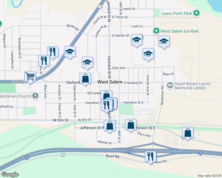 map of restaurants, bars, coffee shops, grocery stores, and more near in West Salem