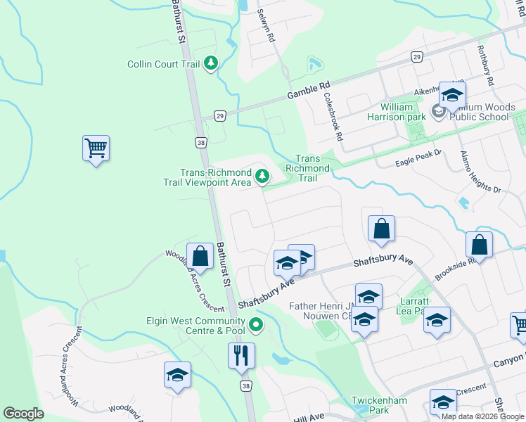 map of restaurants, bars, coffee shops, grocery stores, and more near 58 Casa Grande Street in Richmond Hill