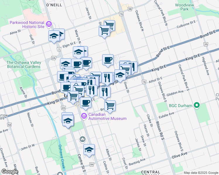 map of restaurants, bars, coffee shops, grocery stores, and more near 171 King Street East in Oshawa