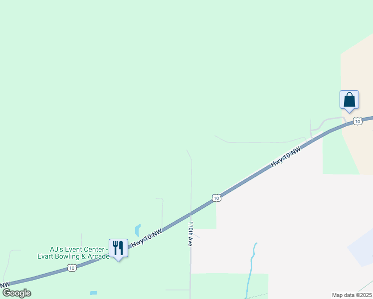map of restaurants, bars, coffee shops, grocery stores, and more near 110th Avenue in Evart