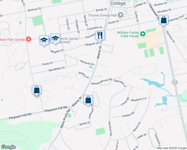 map of restaurants, bars, coffee shops, grocery stores, and more near 315 Maine Street in Brunswick