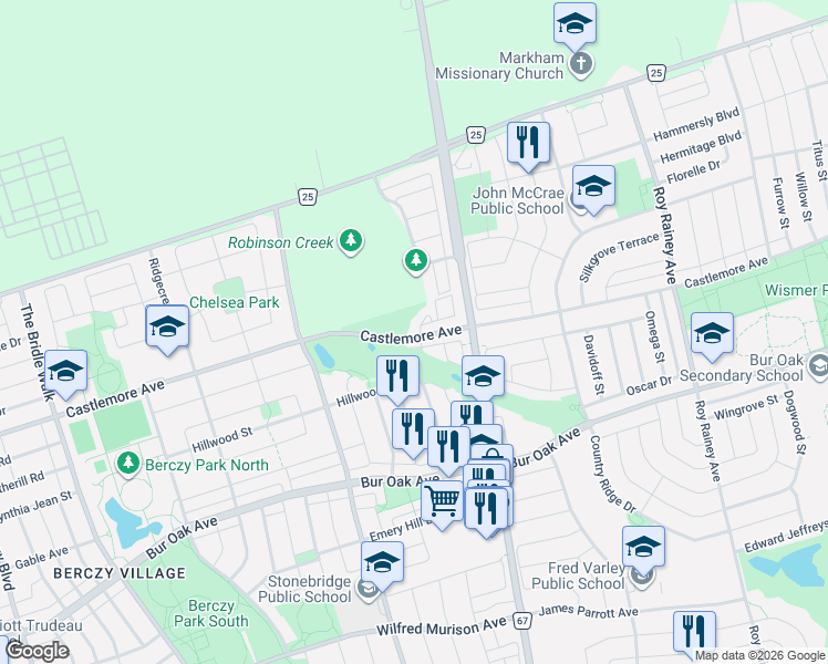 map of restaurants, bars, coffee shops, grocery stores, and more near 2 Prince Charles Way in Markham