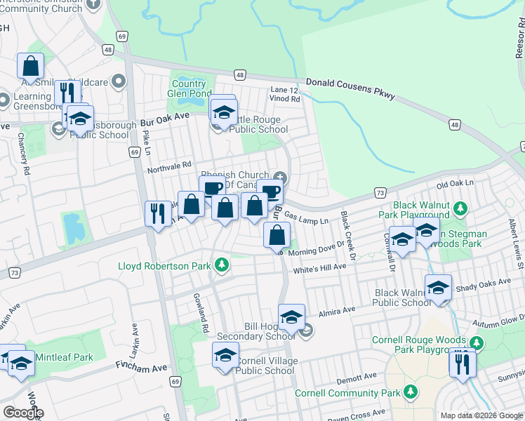 map of restaurants, bars, coffee shops, grocery stores, and more near 21 Peony Street in Markham