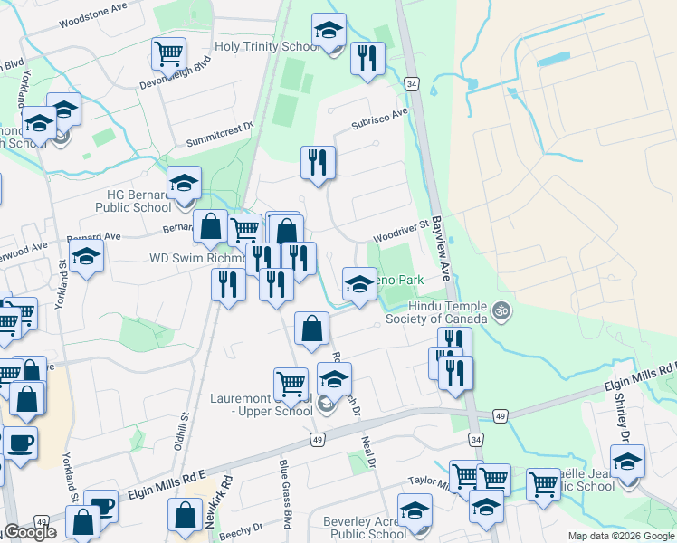 map of restaurants, bars, coffee shops, grocery stores, and more near 31 Cougar Court in Richmond Hill