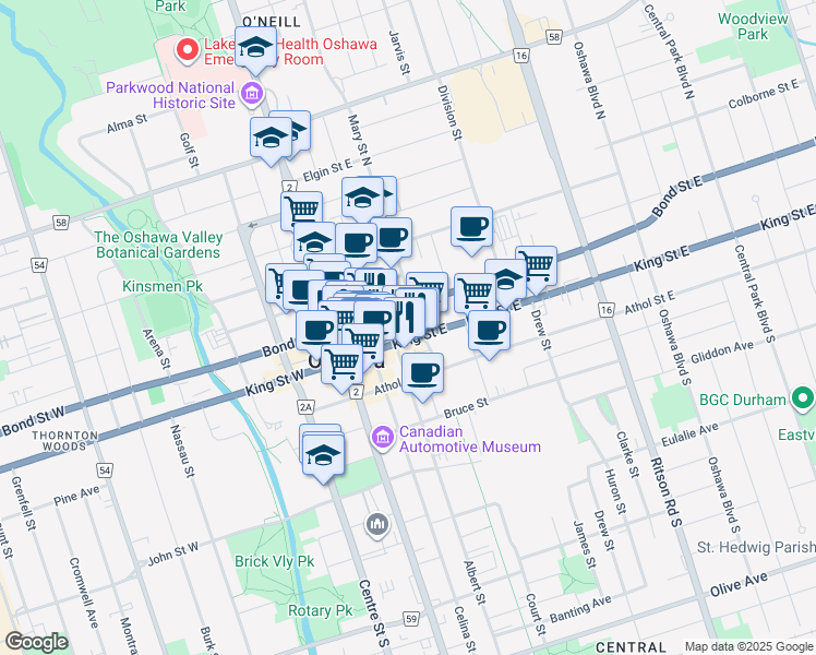 map of restaurants, bars, coffee shops, grocery stores, and more near 7434 Mary Street North in Oshawa