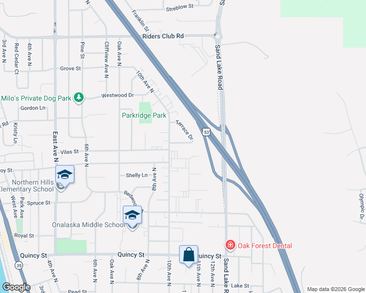map of restaurants, bars, coffee shops, grocery stores, and more near 1013 Terrace Drive in Onalaska