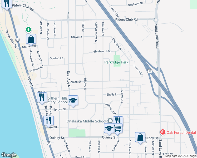 map of restaurants, bars, coffee shops, grocery stores, and more near 1009 Oak Avenue North in Onalaska
