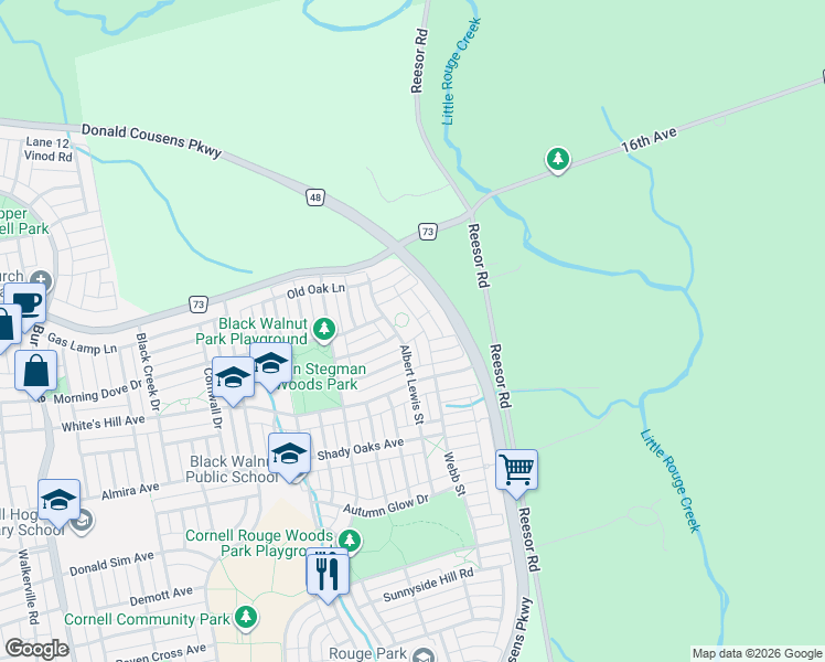 map of restaurants, bars, coffee shops, grocery stores, and more near 8 Hikers Lane in Markham