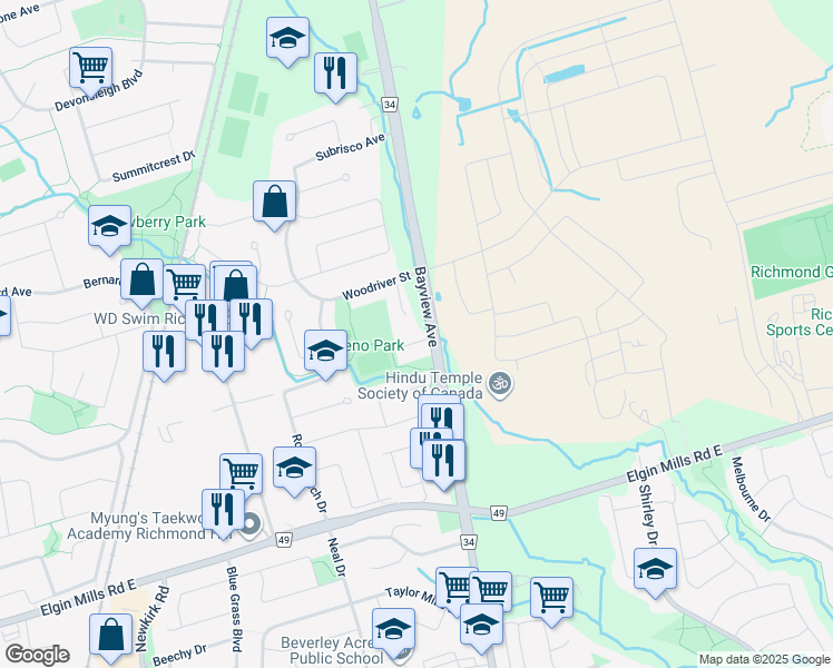 map of restaurants, bars, coffee shops, grocery stores, and more near 10 Megarry Court in Richmond Hill