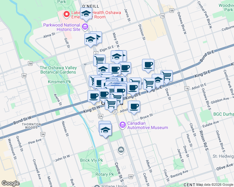 map of restaurants, bars, coffee shops, grocery stores, and more near in Oshawa
