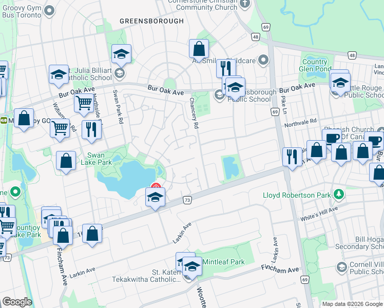 map of restaurants, bars, coffee shops, grocery stores, and more near 80 The Boardwalk Way in Markham
