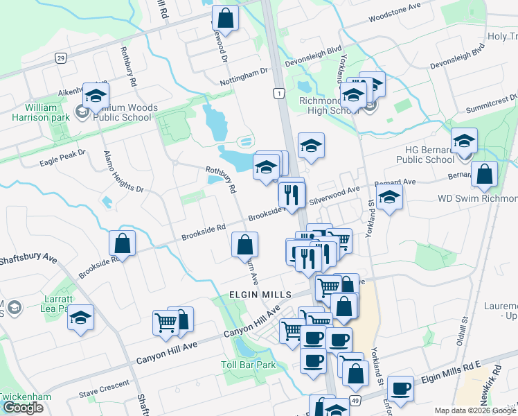 map of restaurants, bars, coffee shops, grocery stores, and more near 60 Brookside Road in Richmond Hill