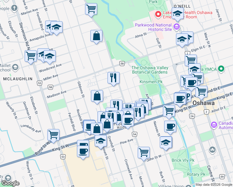 map of restaurants, bars, coffee shops, grocery stores, and more near 124 Park Road North in Oshawa