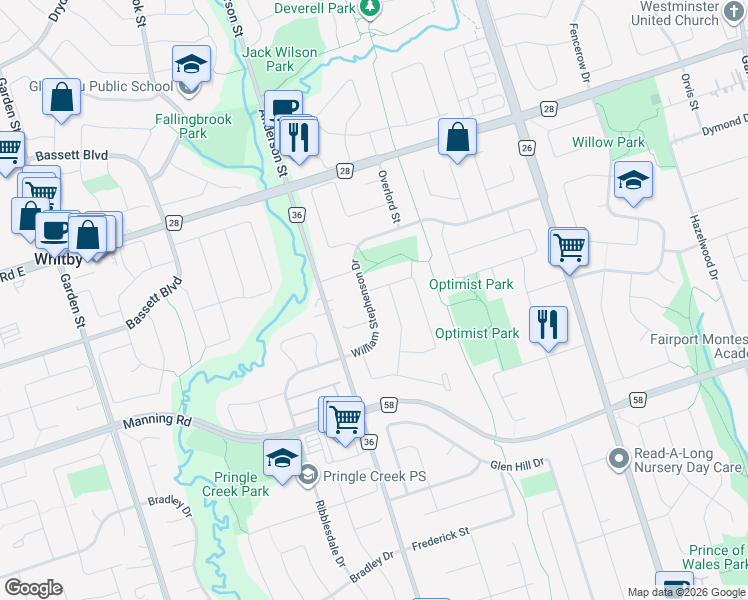 map of restaurants, bars, coffee shops, grocery stores, and more near 35 William Stephenson Drive in Whitby