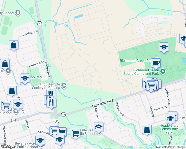 map of restaurants, bars, coffee shops, grocery stores, and more near 2 David Eyer Road in Richmond Hill