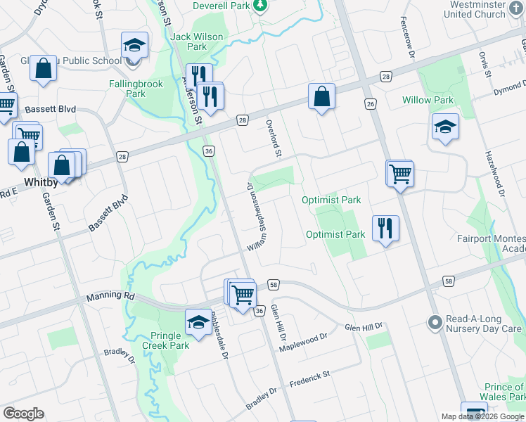 map of restaurants, bars, coffee shops, grocery stores, and more near 35 William Stephenson Drive in Whitby