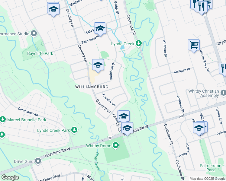 map of restaurants, bars, coffee shops, grocery stores, and more near 35 Southwell Avenue in Whitby