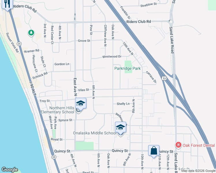 map of restaurants, bars, coffee shops, grocery stores, and more near 1009 Oak Avenue North in Onalaska