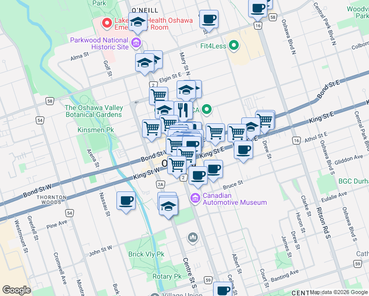 map of restaurants, bars, coffee shops, grocery stores, and more near 21 Bond Street East in Oshawa