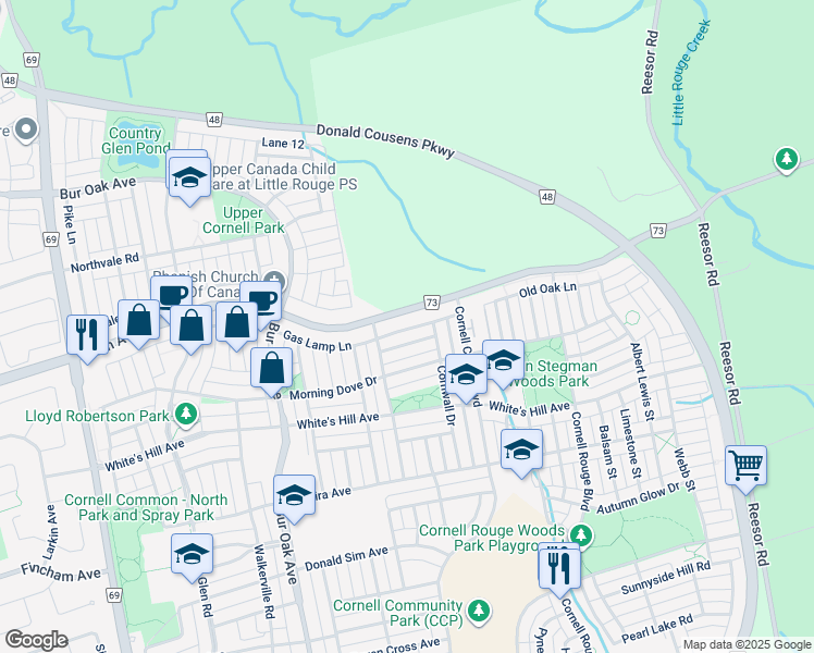map of restaurants, bars, coffee shops, grocery stores, and more near 272 Gas Lamp Lane in Markham