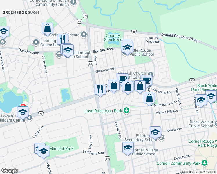 map of restaurants, bars, coffee shops, grocery stores, and more near 51 Yale Lane in Markham