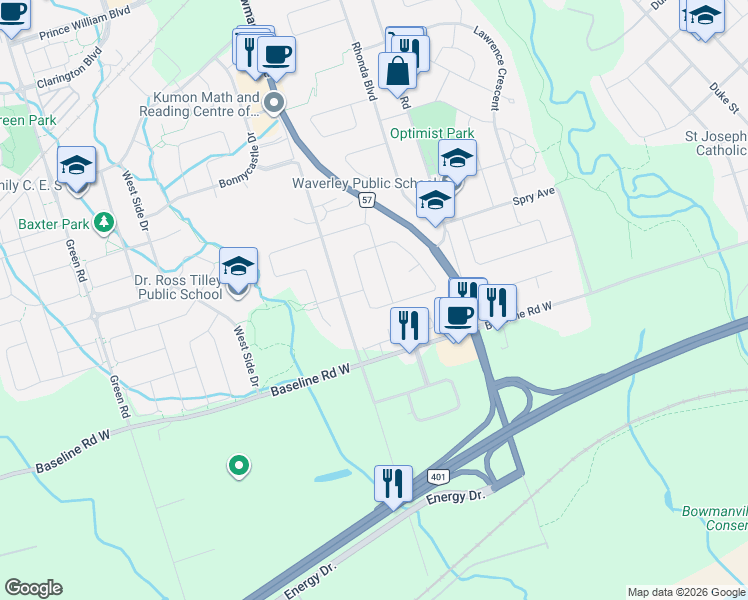map of restaurants, bars, coffee shops, grocery stores, and more near 67 Roser Crescent in Bowmanville