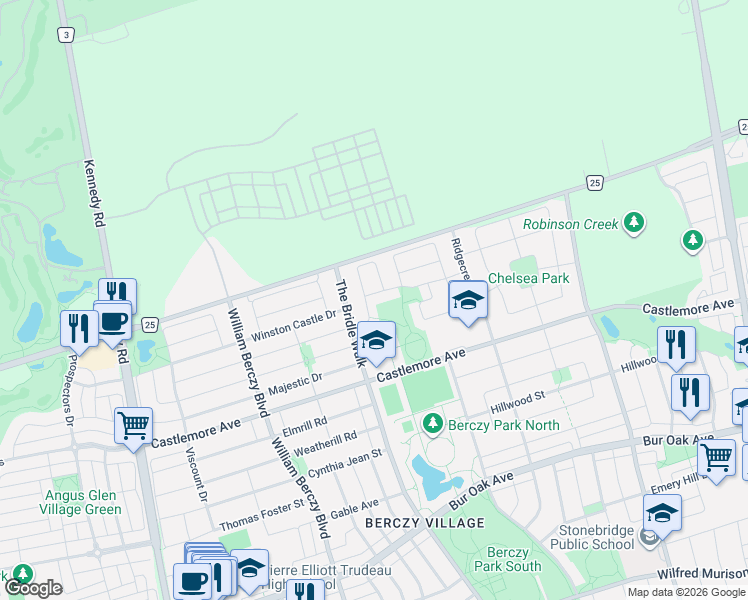 map of restaurants, bars, coffee shops, grocery stores, and more near 71 Sarum Crescent in Markham