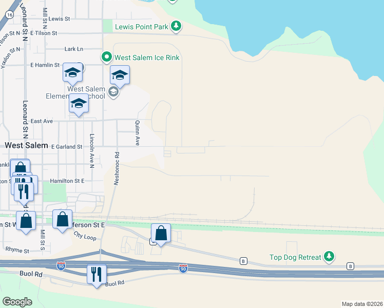 map of restaurants, bars, coffee shops, grocery stores, and more near 994 Garland Street East in West Salem