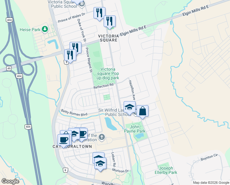 map of restaurants, bars, coffee shops, grocery stores, and more near 10528 Woodbine Avenue in Markham