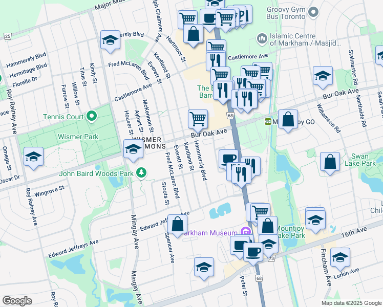 map of restaurants, bars, coffee shops, grocery stores, and more near 79 Kentland Street in Markham
