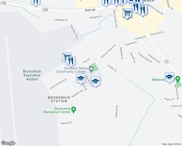 map of restaurants, bars, coffee shops, grocery stores, and more near 29 Sewall Street in Brunswick
